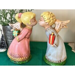 Vintage Christmas 1970’s Pair Of Kissing Angels With Gifts Ceramic Tall 9”
